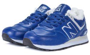 Зимние NEW BALANCE 574 с мехом кожаные синие с белым (40-45)